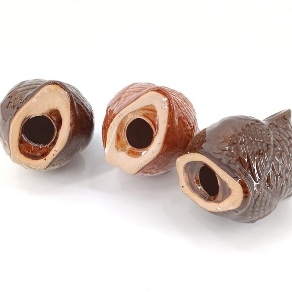 Ceramic Glazed Owl Hoot Figurines Fall Autumn Red Brown Set 3 Glass Decor - Picture 5 of 9